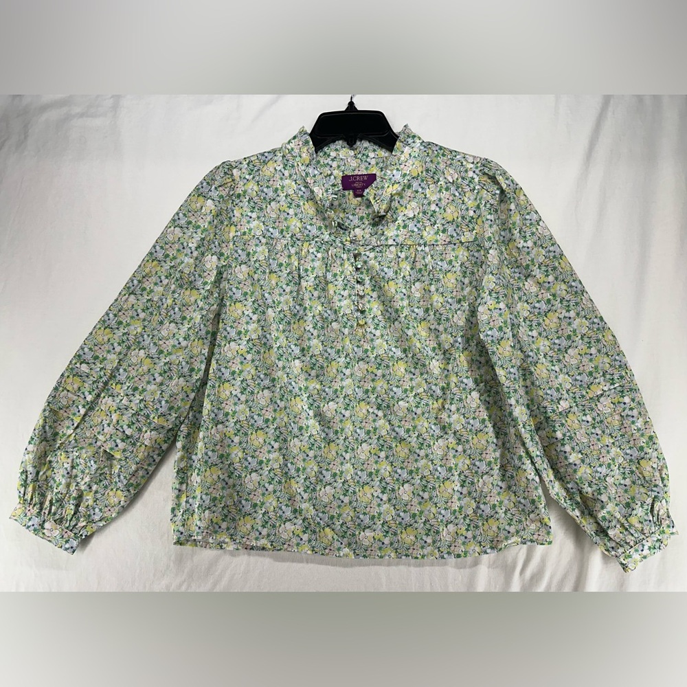 J.‎ Crew Button Front Ruffleneck Popover Liberty Fields Fabric Yellow Green XS